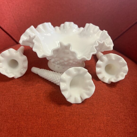 Vintage Fenton Hobnail Milk Glass Epergne: 1950s Ruffled Trumpet Vase - Picture 7 of 11